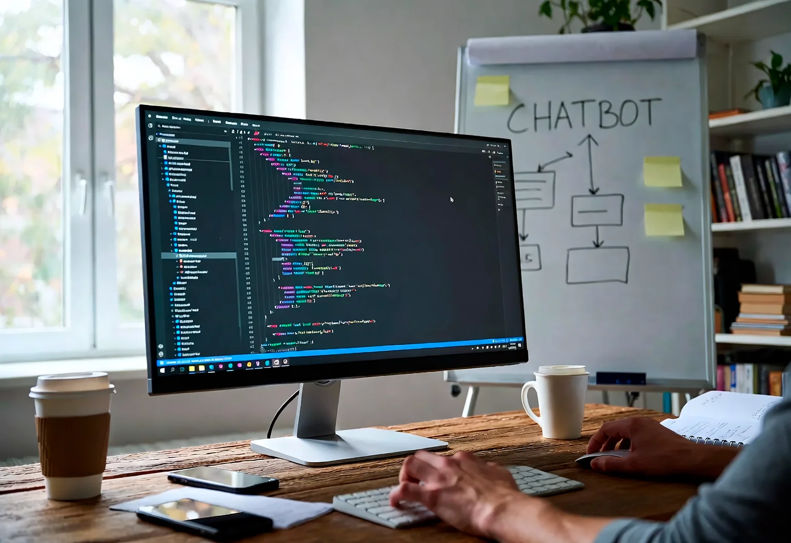 Менеджер Феерично Digital настраивает чат-бота для бизнеса на ноутбуке